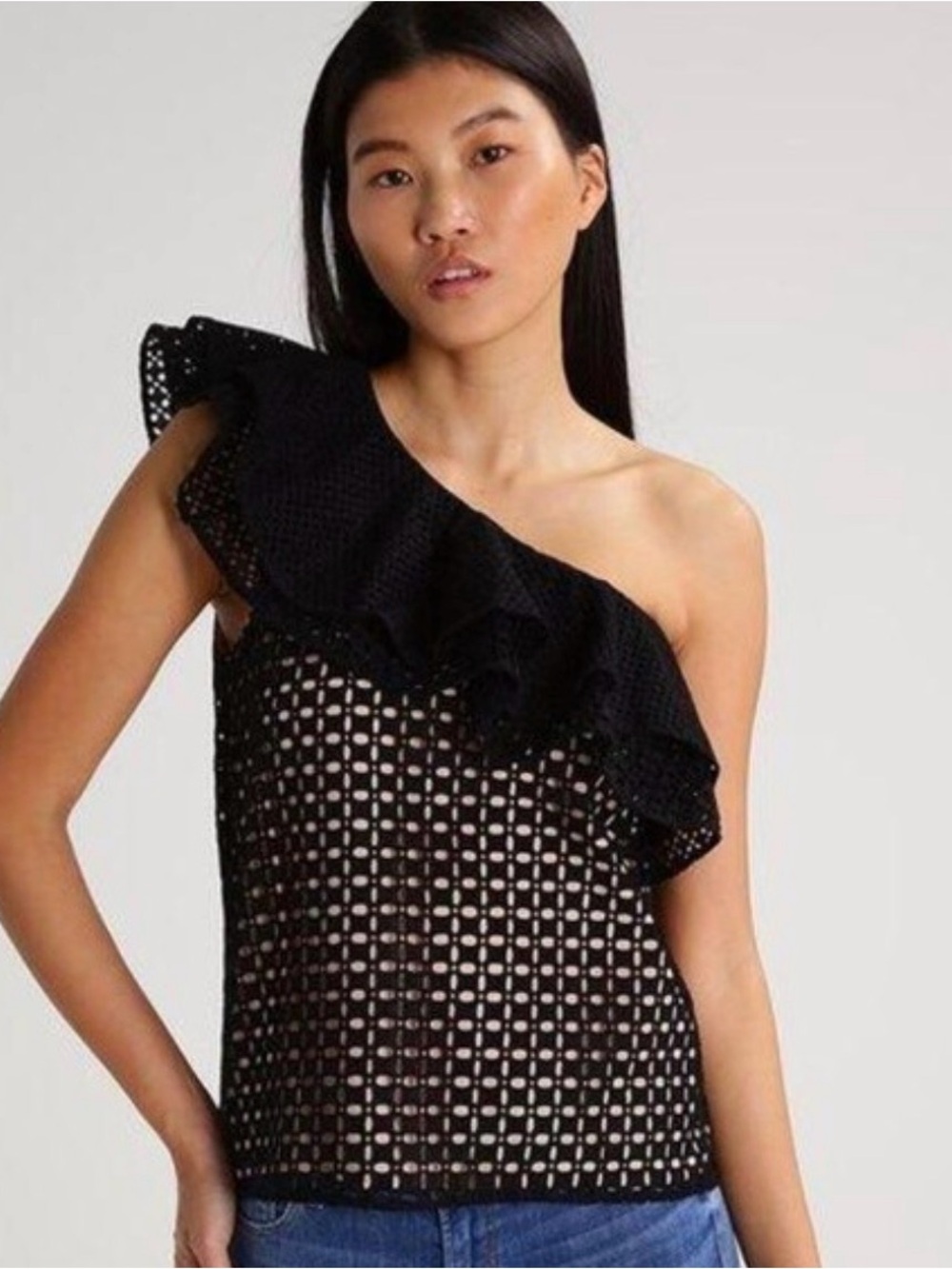 J.Crew Blouse Black Cotton Eyelet Lace Ruffled One-Shoulder Top